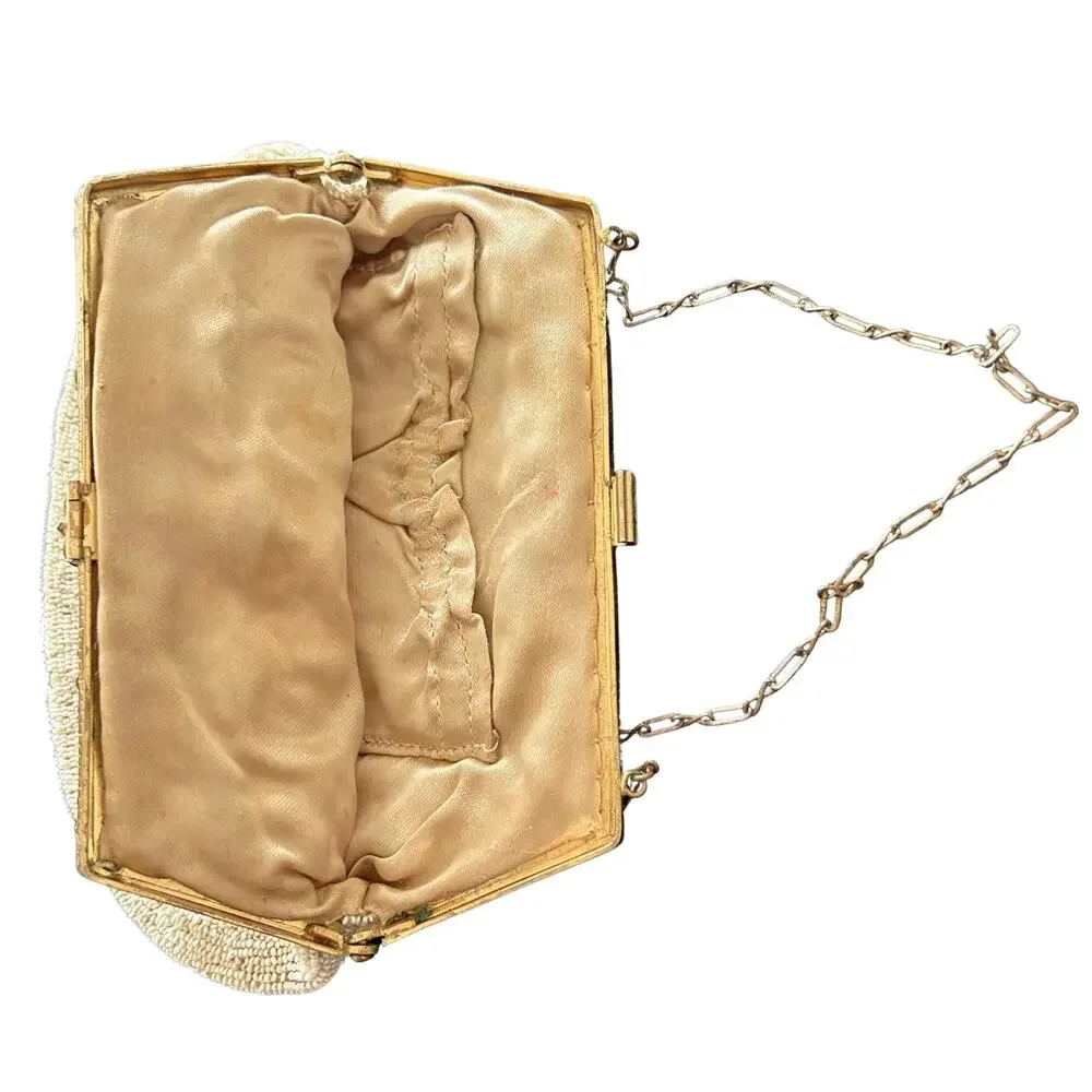 Vintage 1940s 1950s Beaded Evening Purse Gold Frame Chain Floral Bridal Bag